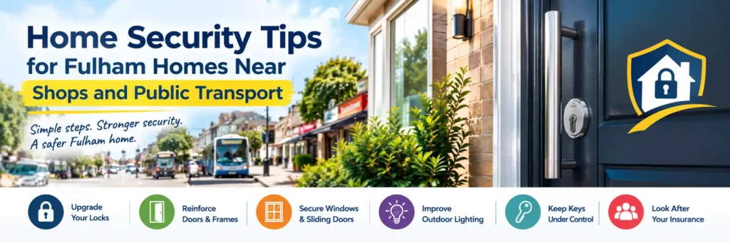 Home security tips for Fulham homes near shops and public transport with secure door locks and burglary prevention measures.
