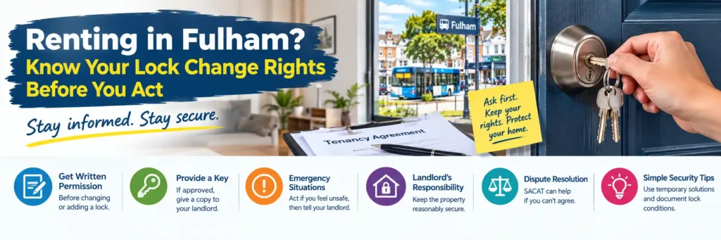 Tenant lock change rights in Fulham, South Australia, with door lock, keys, and tenancy agreement.