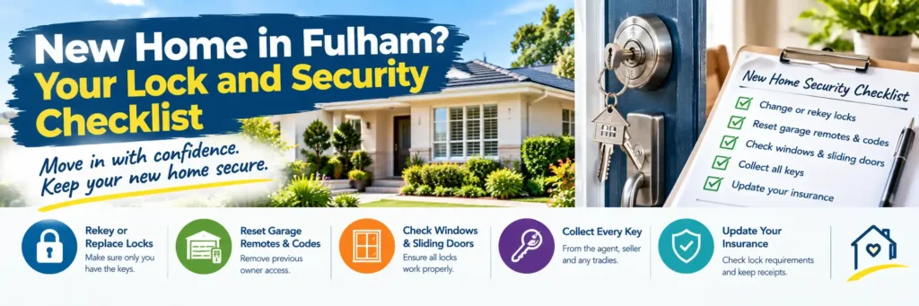 New homeowner security checklist in Fulham, featuring house keys, modern door locks, and essential steps such as changing locks, rekeying doors, resetting garage remotes, securing windows, and improving home security after settlement.